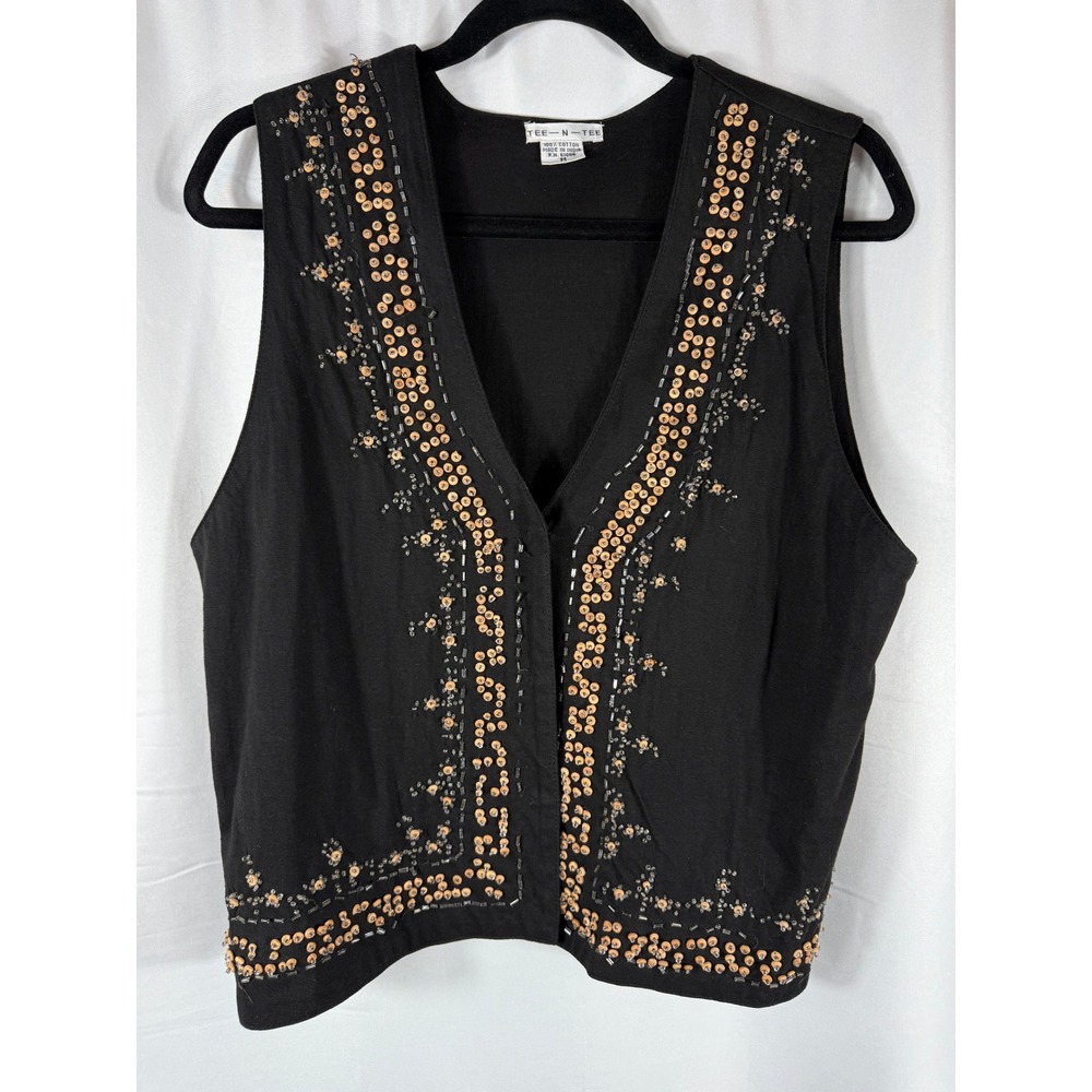 Black Embellished‎ Vintage Vest Tee-N-Tee Sleeveless Top Beaded Sequin